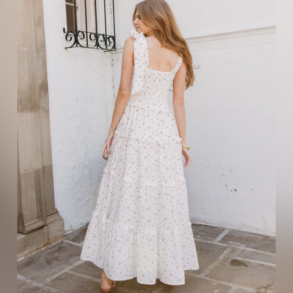 Boutique Cream Floral Smocked Tiered Maxi Dress | Bow Straps | Size Small - Picture 5 of 7